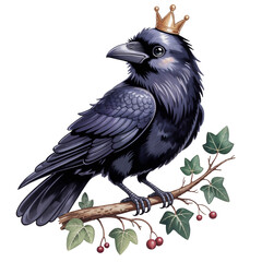 Crown-wearing raven perched on a branch with leaves and berries in a whimsical illustration