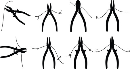 Set of eight plier and wire manipulation silhouettes showing different bending techniques for crafting, jewelry making, and electrical work