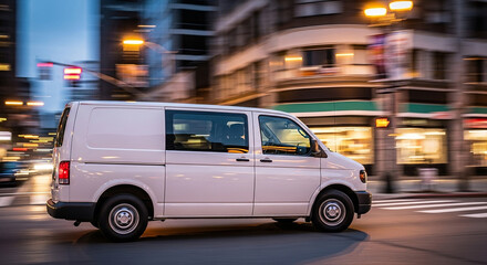Dynamic white cargo van speeds through blurred city streets at dusk capturing modern urban logistics and delivery movement