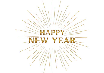 Fototapeta premium Golden happy new year text with radiating fireworks isolated on transparent background