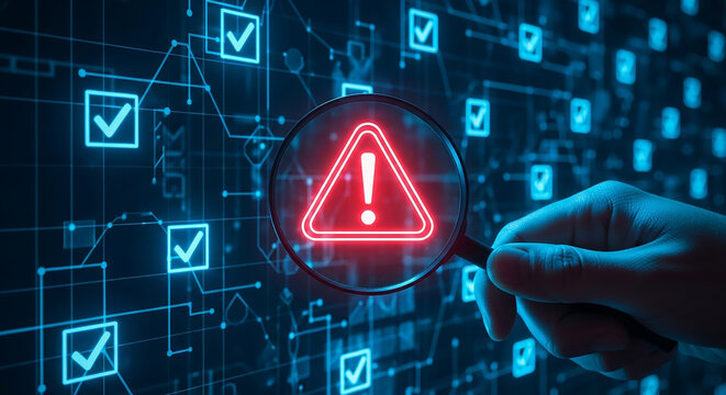 Cybersecurity Alert: A hand holding a magnifying glass highlights a glowing alert icon at the center of a digital grid representing an urgent cybersecurity threat.