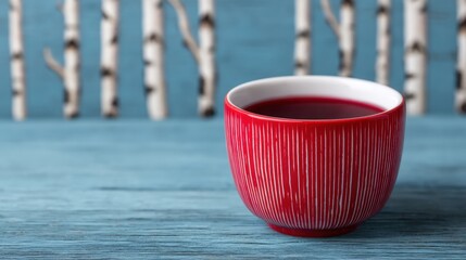 Mixology Winter Cocktail Crafting, A vibrant red cup filled with a warm beverage sits on a blue wooden surface, complemented by a backdrop of birch tree patterns.