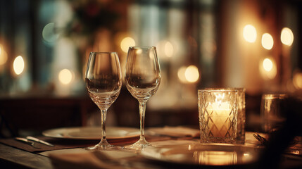 Romantic dinner setting featuring two wine glasses, candlelight, and soft lighting, perfect for creating an intimate atmosphere. 