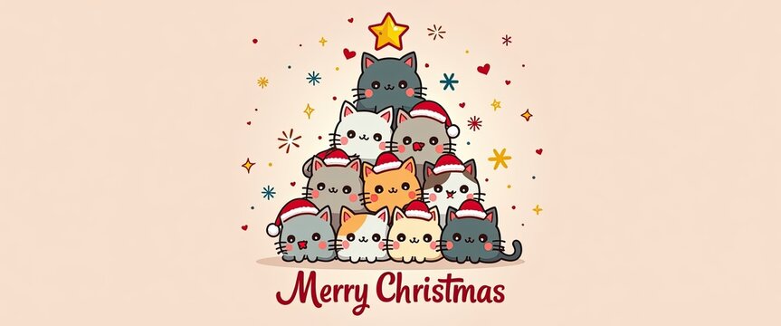 Cute christmas tree made of adorable cats wearing santa hats, with a star on top and festive decorations, conveying a joyful holiday greeting