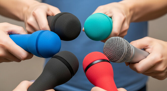 Hands holding diverse microphones ready for a press conference, interview, or media event, capturing attention with colorful designs