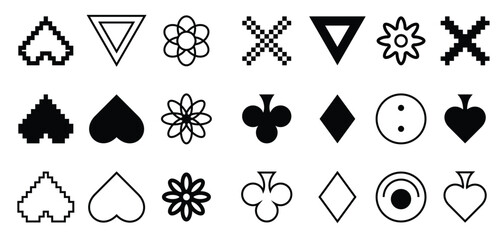Y2K trendy shapes, card symbols, hearts, flowers, signs and symbols, millennial abstract elements, collection of retro design shapes.