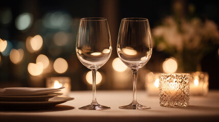 Romantic dinner setting featuring two wine glasses, candlelight, and soft lighting, perfect for creating an intimate atmosphere. 