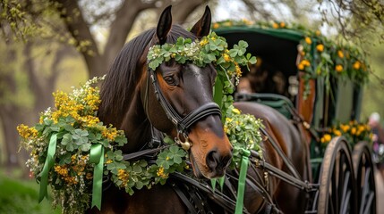 Horse Adorned With Flowers In A Carriage
