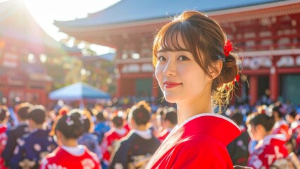 日本の成人式・袴を着た女性とにぎやかな会場の様子 AI生成素材