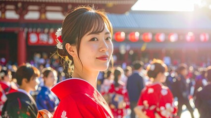 日本の成人式・袴を着た女性とにぎやかな会場の様子 AI生成素材