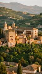 Fototapeta premium Bird’s-eye tilt-shift of the Alhambra palace, green hills below