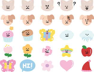 Cute vector illustrations of puppy and cat expressions, cupcake, butterfly, cloud and rain, flower, star, apple, heart, party hat for cartoon characters, comic, animals, pet shop, vet, emoji, mood