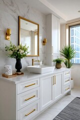 Fototapeta premium Modern bathroom vanity with gold accents and marble
