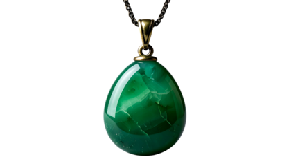 Green gemstone pendant necklace, teardrop shape on dark background