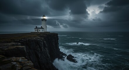 Powerful Lighthouse Beam Pierces Dark Stormy Night Sky Over Crashing Ocean Waves on Rugged Cliff.