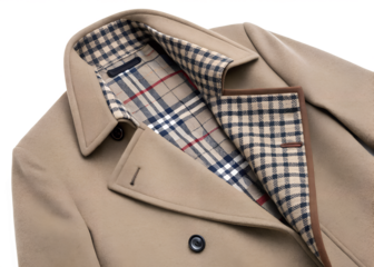 Elegant tan wool coat with classic plaid lining, showcasing timeless style and sophisticated design for fashion-forward individuals seeking warmth and luxury