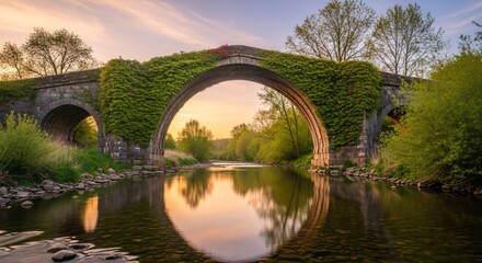 Stone bridge over river with ivy at sunset landscape view