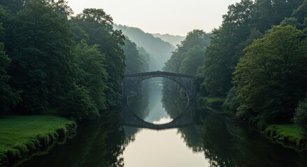 Fototapeta premium Serene Misty River Landscape with Stone Bridge, Lush Green Trees, and Calm Reflections.