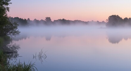 Obraz premium Serene Misty Sunrise Over Tranquil Lake Reflecting Pastel Sky and Silhouetted Trees.