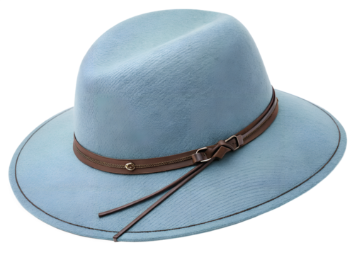 Wide brim bucket hat in wool, icy blue color, with leather strap detail isolated on transparent background
