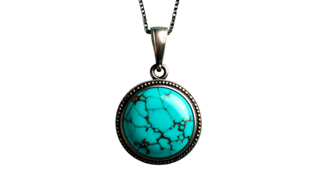 Round turquoise pendant necklace with silver chain on black background