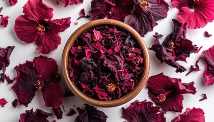Overhead Close-Up Of Dried Red Hibiscus Flowers And Petals Arranged Around A Bowl Filled With Dried Hibiscus Pieces On A White Textured Surface Illuminated By Soft Light