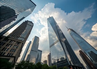 Obraz premium Stunning skyscrapers reaching for the sky in vibrant downtown, perfect for showcasing urban development and architectural innovation in a modern city