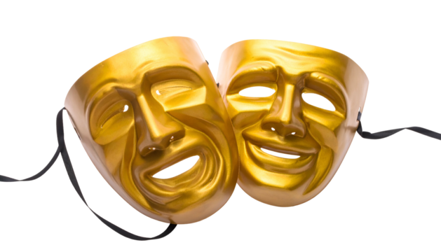 Golden comedy and tragedy masks with black ribbons on a black background
