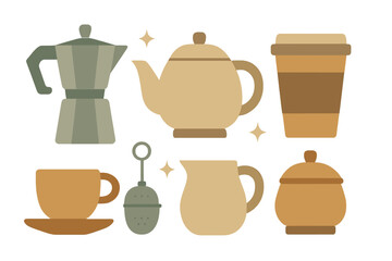 Assortment of essential coffee and tea brewing equipment and serving containers in muted earthy tones