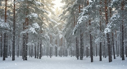 Fototapeta premium Serene Winter Forest Scene - Snow-Covered Trees Illuminated by Sunlight, Peaceful Atmosphere.