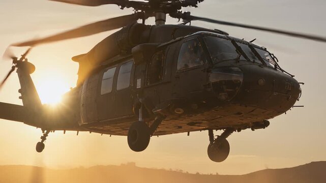Powerful military helicopter executing precision landing in arid terrain, generating massive dust cloud during tactical maneuver. Dynamic aerial perspective, dramatic sunset silhouette.