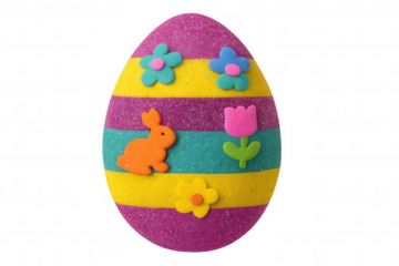 Colorful easter egg decoration showcasing bunny, tulips, and seasonal flowers, sparkling with glitter on a transparent background