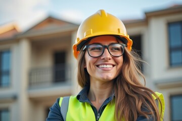 Female Building Inspector overseeing construction site, smiling with confidence in hardhat and safety equipment.