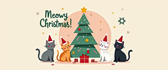 Obraz premium Cute cats wearing santa hats and sitting around a decorated christmas tree with presents, wishing a meowy christmas in a festive illustration