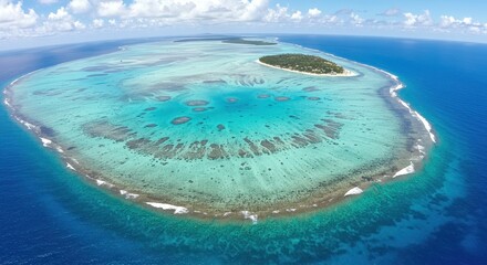 Obraz premium Stunning Aerial of Remote Tropical Island Atoll with Vibrant Coral Reef and Crystal Clear Ocean.