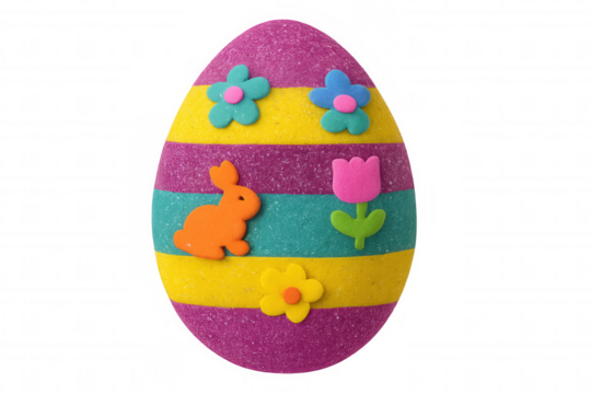 Colorful easter egg decoration showcasing bunny, tulips, and seasonal flowers, sparkling with glitter on a transparent background