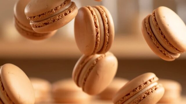 Caramel Macaron Cascade Sweet Treat Delight in Muted Tones.