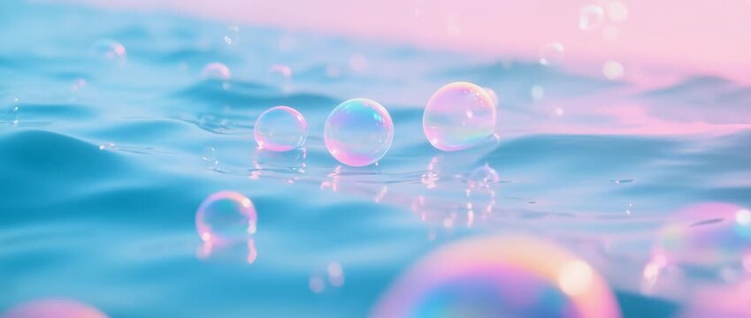 Abstract colorful design with transparent soap bubbles, light, and sky blue reflections