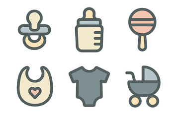 Essential baby care items and accessories icons set in soft pastel colors