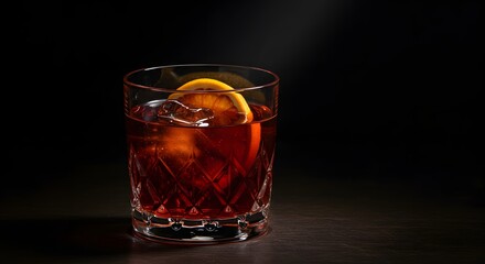 A cocktail in a patterned glass garnished with an orange slice rests on a dark surface against a black background