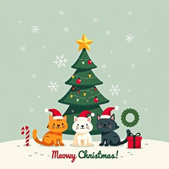 Three cute cartoon cats wearing santa hats sit in the snow next to a decorated christmas tree, a candy cane, a wreath, and a gift, with the text meowy christmas