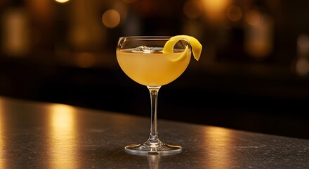 A cocktail in a stemmed glass garnished with a lemon twist sits on a dark surface with a blurred background