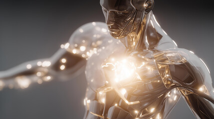 Synthetic humanoid figure with transparent torso revealing innovation incubator glowing brightly, symbolizing generative robotics, artificial intelligence, and futuristic speculative creation.
