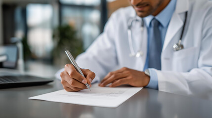 Fototapeta premium Doctor writing prescriptions and treatment recommendations on medical chart with reference to digital data screens, symbolizing integration of traditional record-keeping with modern healthcare