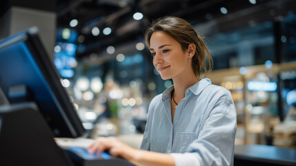 Modern retail store checkout counter with customer scanning items at self-service kiosk while glowing digital screens display payment options, symbolizing futuristic shopping, retail automation,