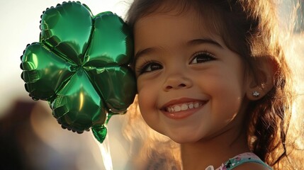 Happy Little Girl Holding Green Clover Balloon
