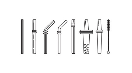 Collection of reusable straws and cleaning brushes showing diverse designs and types vector