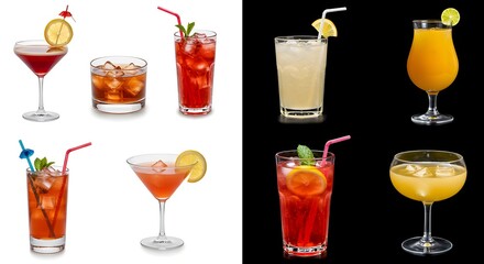 Assorted cocktails on white  black backgrounds featuring various garnishes  straws