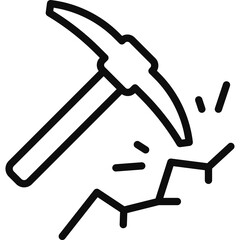 Simple black outline icon of a pickaxe striking cracked ground on a transparent background representing mining or excavation activities