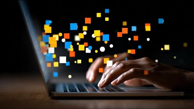 Typing Data Hands working on a laptop with colorful blocks over the display